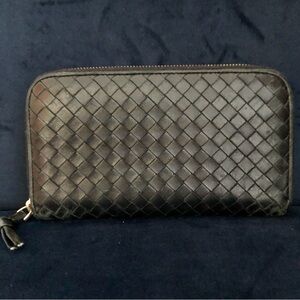 Bottega Veneta Intrecciato Lambskin Zip Around Long Wallet Black